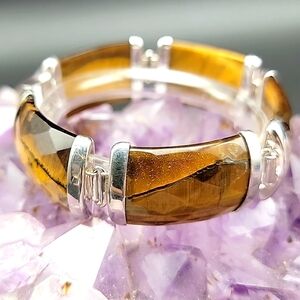 925 Sterling Silver Faceted Tigers Eye 5 Panel Mens Gemstone Bracelet Size 7